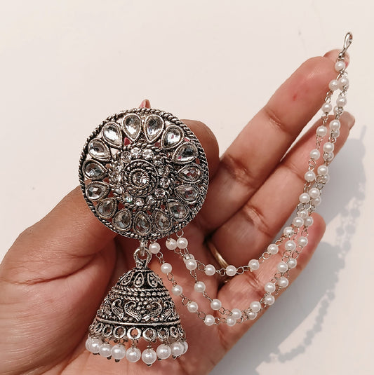 Designer Oxidized Silver Jhumka Earrings with White Pearl Chains