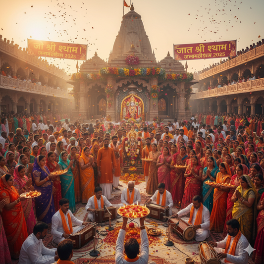 Devotees celebrating Khatu Shyam Ji Janmotsav 2025 with bhajan, aarti, and deep devotion at Khatu Dham, Rajasthan. Jai Shri Shyam!