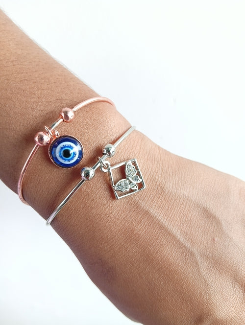 Mixed-Metal Charm Bracelet Set: Evil Eye & Crystal Butterfly