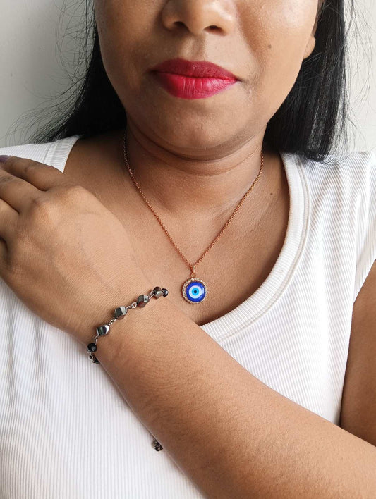 Rose Gold Evil Eye Necklace and Black Gemstone Bracelet Set