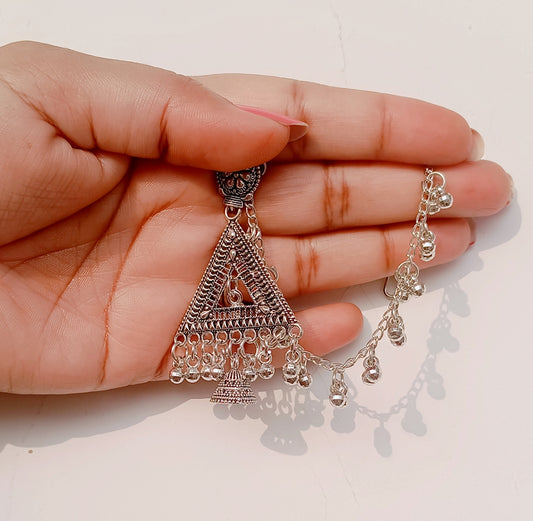 Geometric Oxidized Silver Jhumka Earrings with Attached Ghungroo Kaan Chain