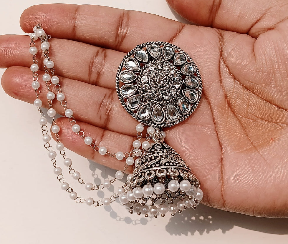 Designer Oxidized Silver Jhumka Earrings with White Pearl Chains