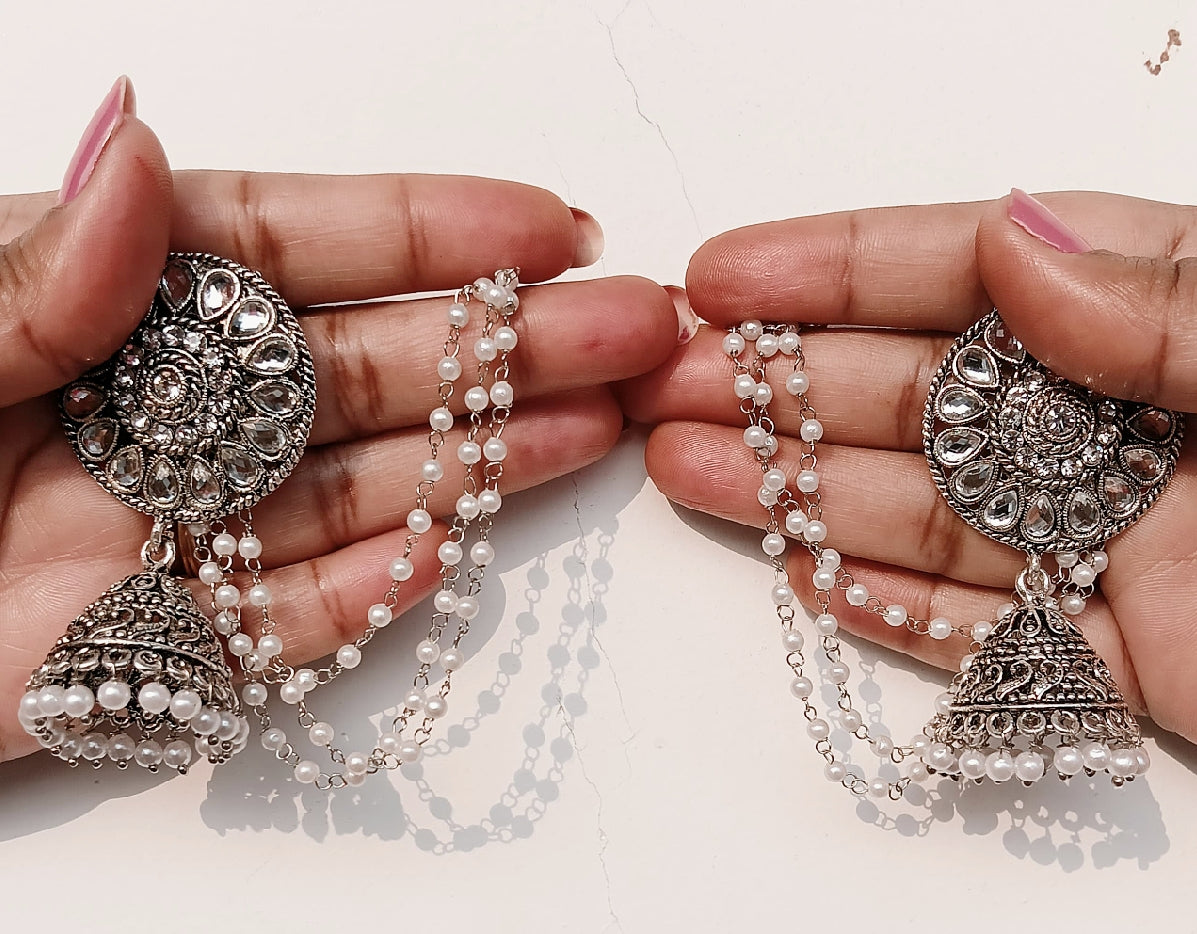 Designer Oxidized Silver Jhumka Earrings with White Pearl Chains