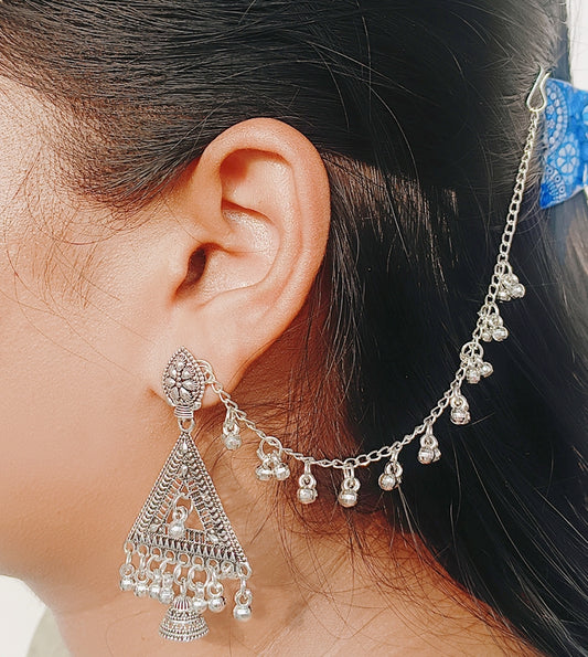 Geometric Oxidized Silver Jhumka Earrings with Attached Ghungroo Kaan Chain