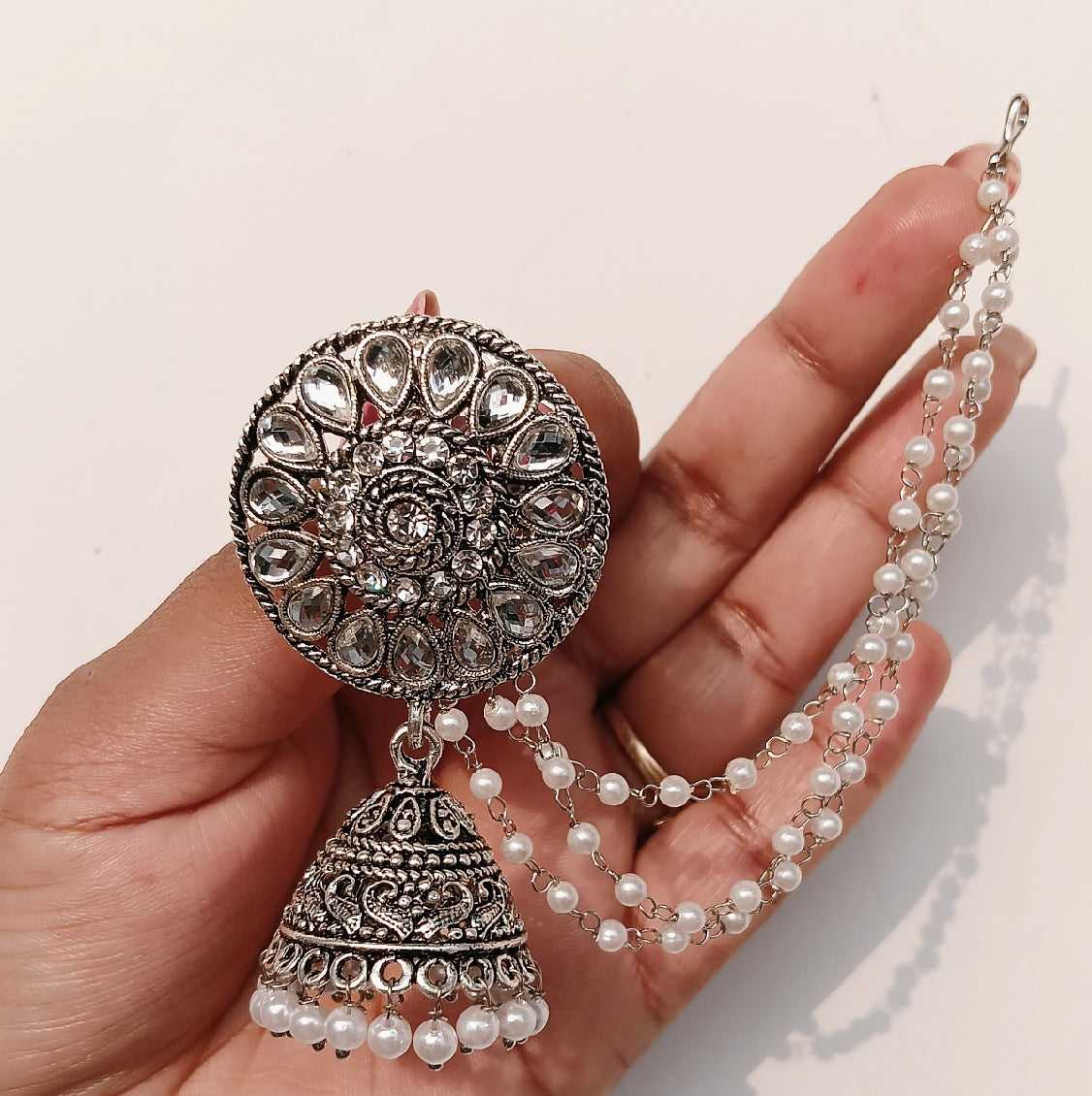 Designer Oxidized Silver Jhumka Earrings with White Pearl Chains