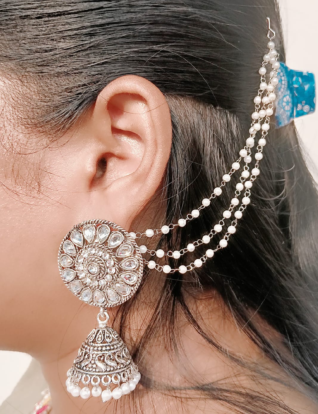 Designer Oxidized Silver Jhumka Earrings with White Pearl Chains
